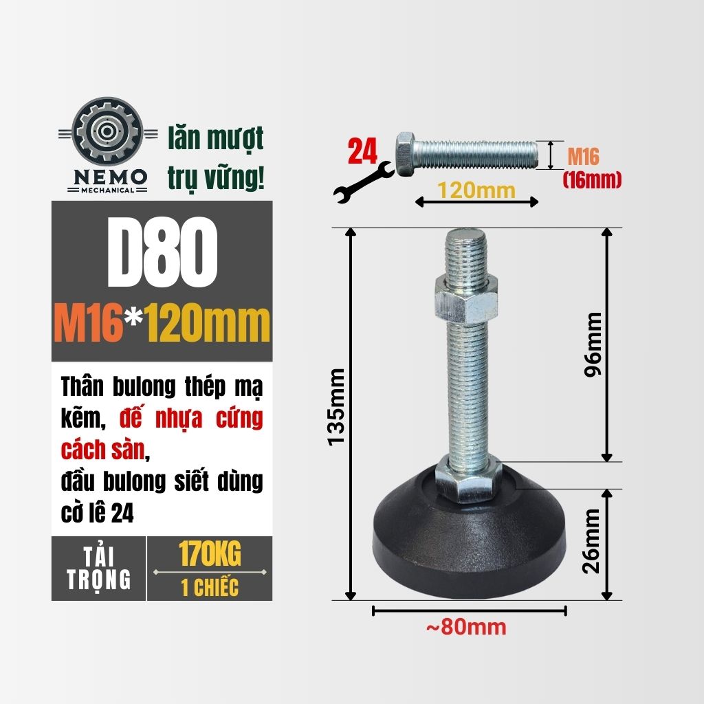 Chân Tăng Chỉnh Đế Nhựa Cứng – Giải Pháp Cân Bằng & Chống Rung (M10, M12, M16)